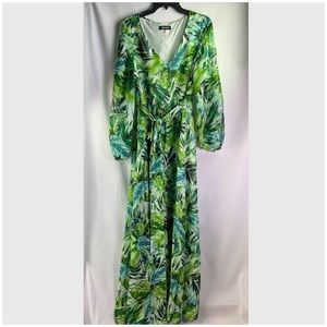 Green Maxi Long Dress. Palm Leaves. Nine West. Size 14
